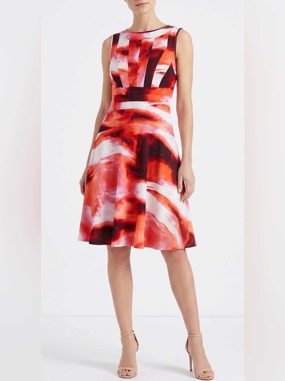 Calvin Klein Red and White Abstract A-Line Dress